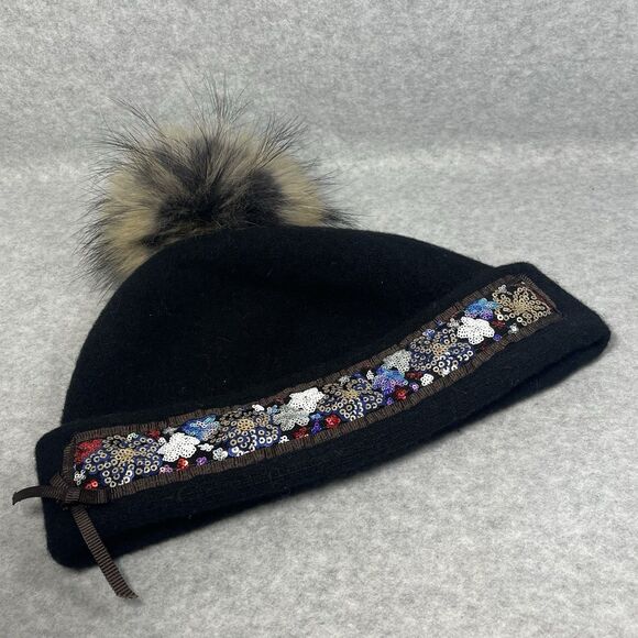 Uno Alla Volta Mia Black Italian Wool Cap Womens Embellished Handmade Artisan - Picture 2 of 9